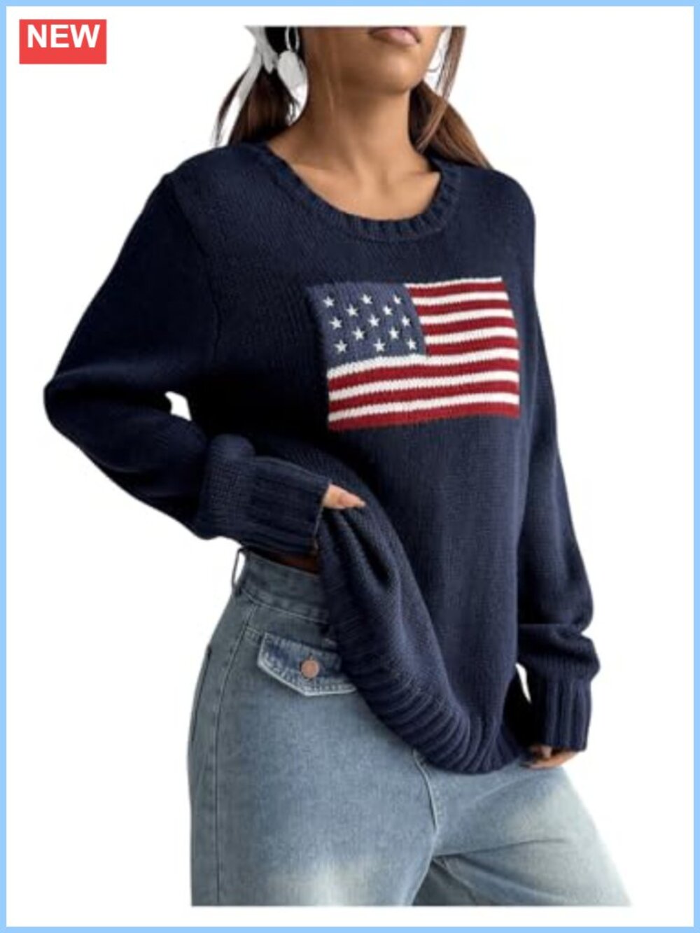 Long Sleeve Round Neck Pullover Sweater American Flag Pattern